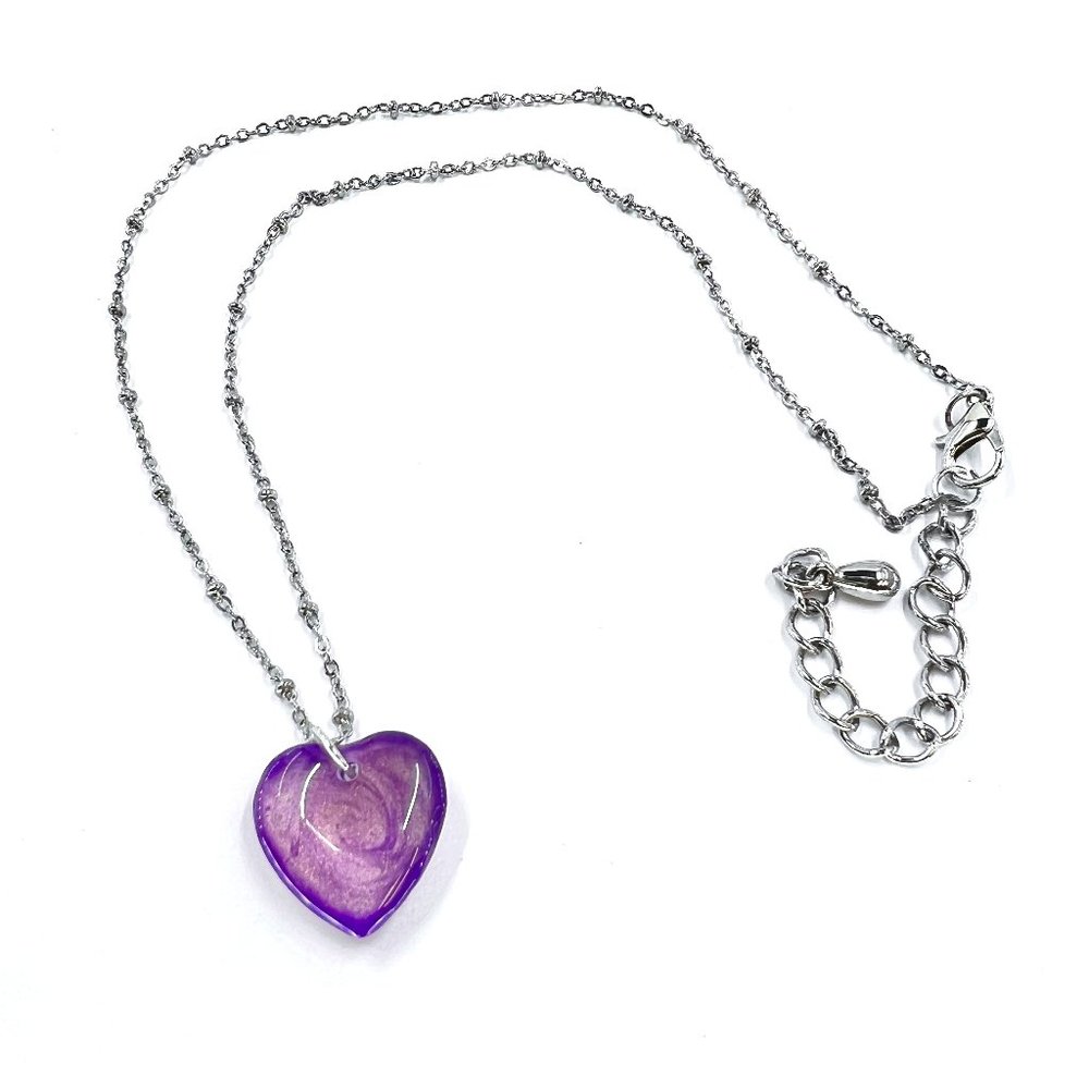 New / Handcrafted - Purple Iridescent Bubble Heart Silver Tone Chain Necklace - Picture 1 of 7